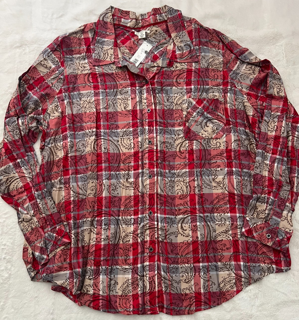 Westbound Woman 3X Paisley Plaid Button Down Shirt Red Gray Rayon NWT